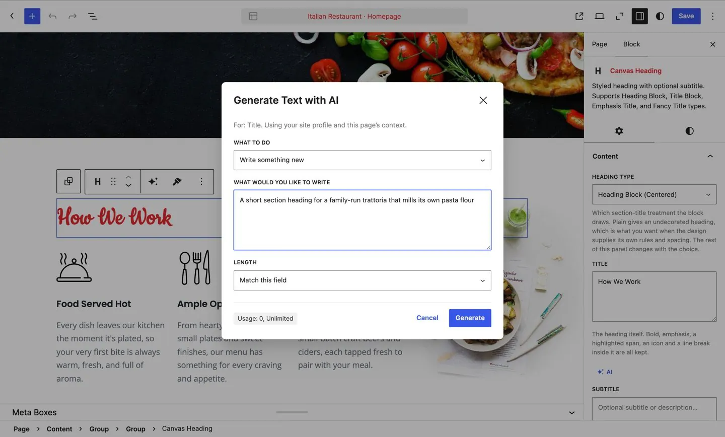 Canvas AI writing copy into a block field in the WordPress editor