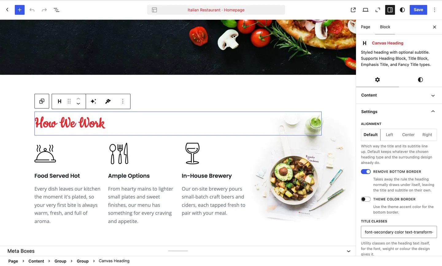 A Canvas block selected in the editor with its settings panels open