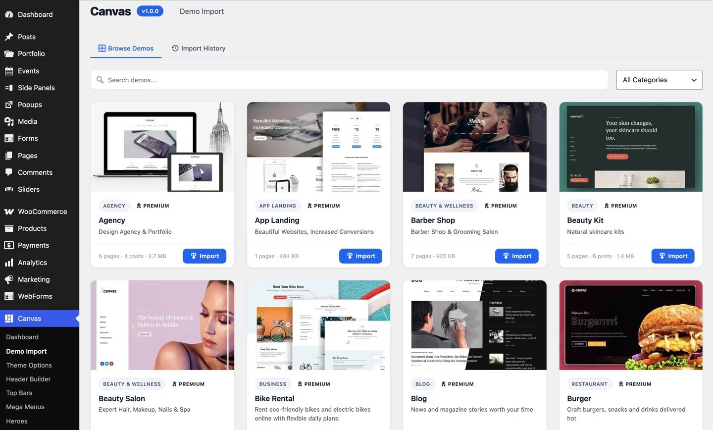 The Canvas demo import screen listing every demo with preview, category and import button