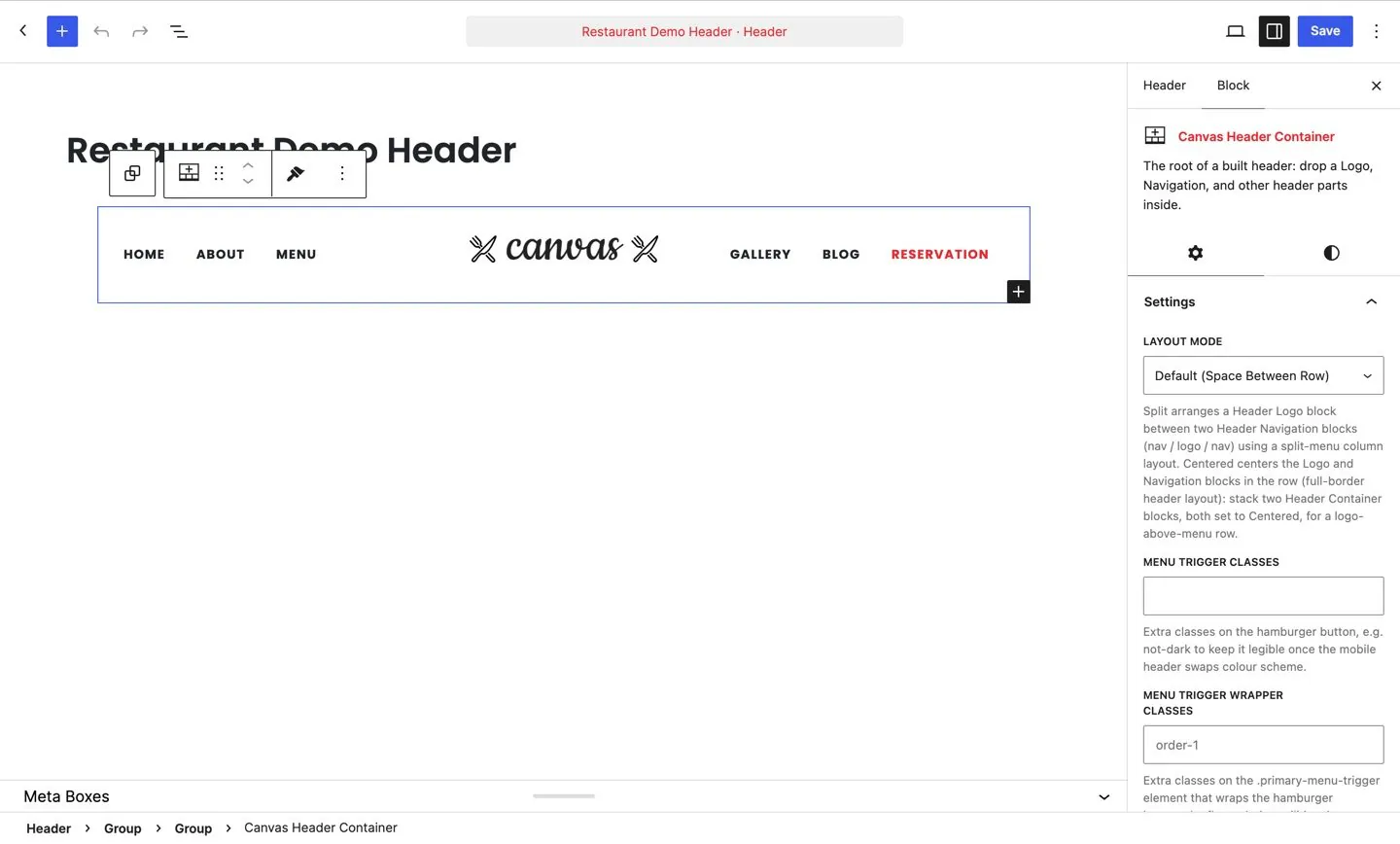 The Canvas header builder with its drag and drop zones