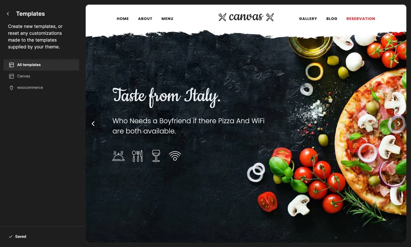 The WordPress Site Editor showing a Canvas demo template