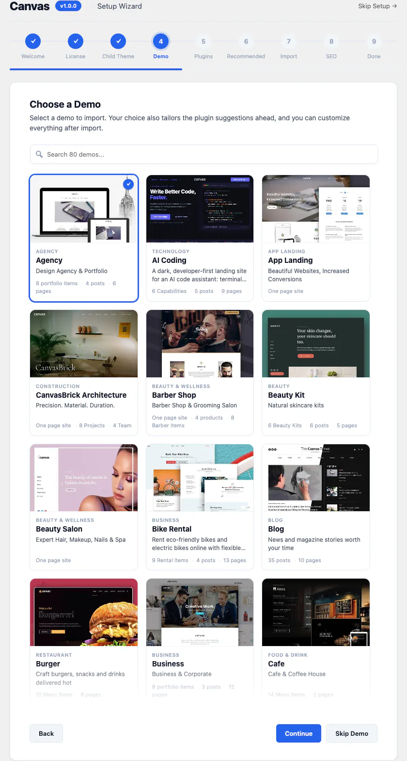 The Canvas setup wizard on its demo step, listing demos with previews