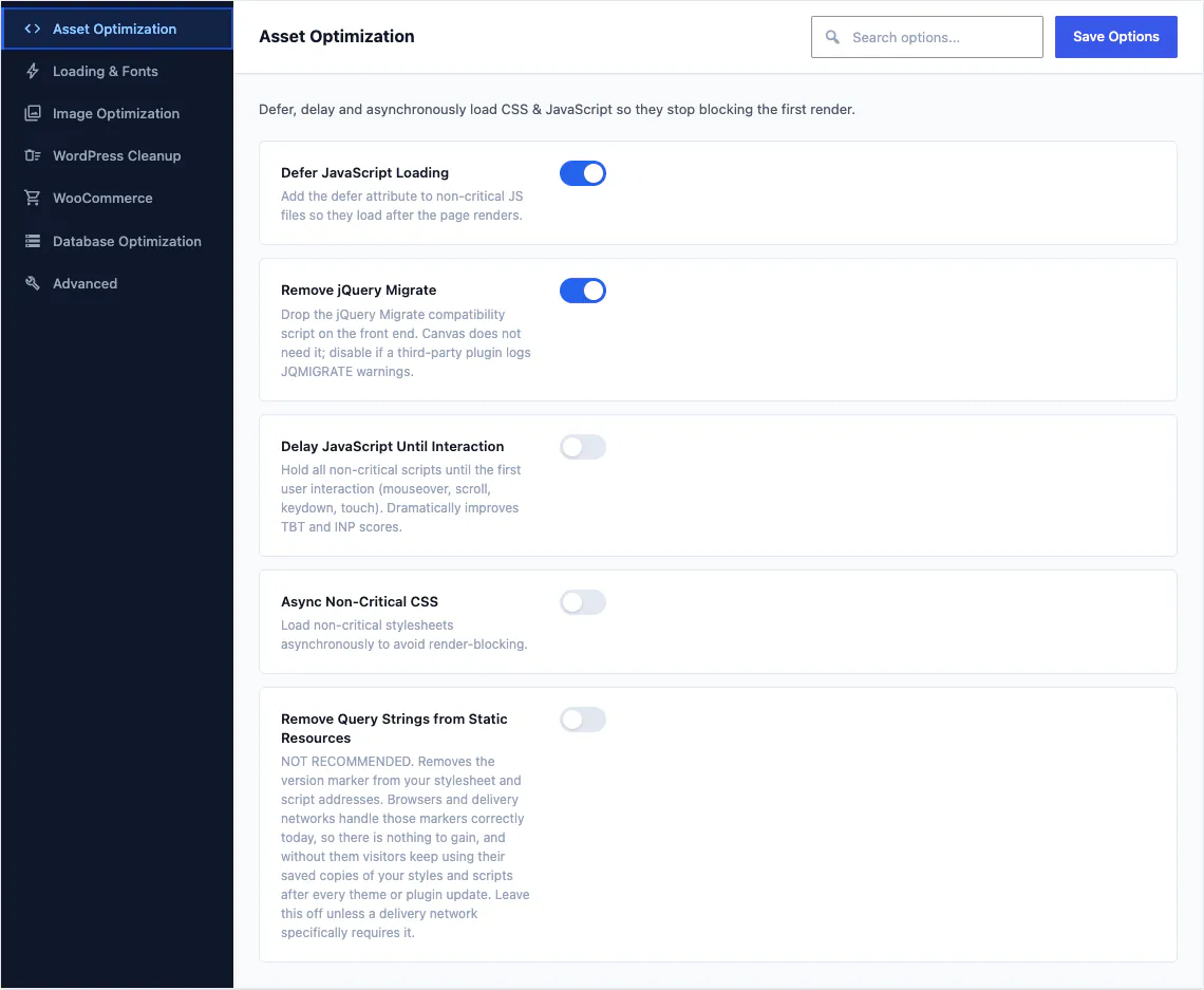 The Canvas performance options screen with per-block asset loading switched on